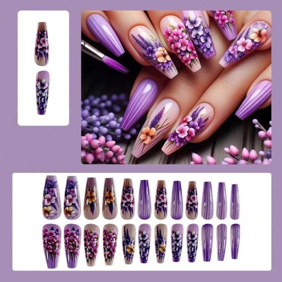24pcs New Style Lavender Flower Nail Art Stickers Press-On Nails - Picture 2 of 4